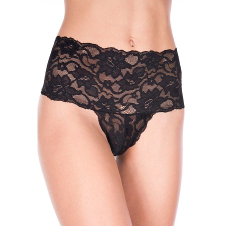 Tanga string noir taille haute large bande de dentelle florale - ML10021BLK