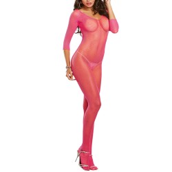 Bodystocking rose fluo résille ouvert à l'entre-jambes - DG0015HPK