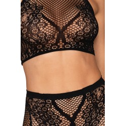 Ensemble Brassière fine résille et collant imprimé - DG0391BLK