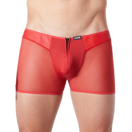 Boxer rouge sexy avec fermeture éclair et côtés style cuir et maille transparente - LM813-67RED