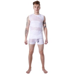 T-shirt débardeur blanc col rond opaque et transparent avec fines rayures - LM803-77WHT