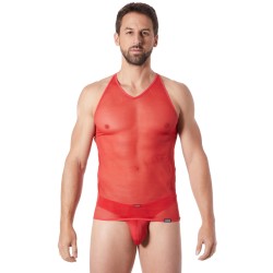 V-shirt rouge fine maille avec transparence - LM92-76RED