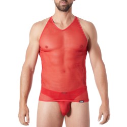 V-shirt rouge fine maille avec transparence - LM92-76RED