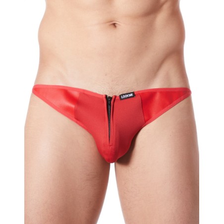 Slip brief rouge sexy avec fermeture éclair et côtés style cuir dos transparent - LM813-61RED