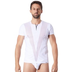  lingerie homme : tshirt blanc avec bandes résille en v