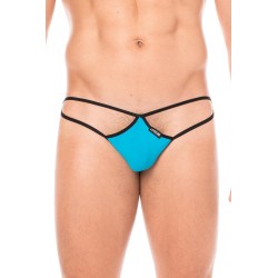  mini string bleu pour homme en forme de goutte avec sur les côtés des ficelles de maintien.