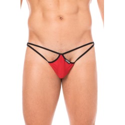  mini string rouge pour homme en forme de goutte avec sur les côtés des ficelles de maintien.