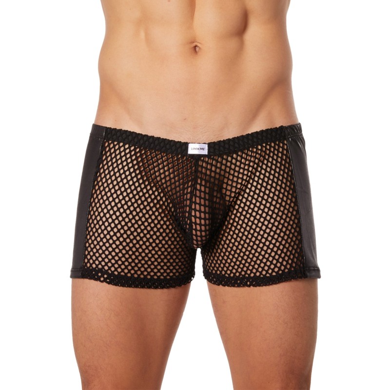 Boxer noir filet avec côtés simili cuir - LM911-67MBLK